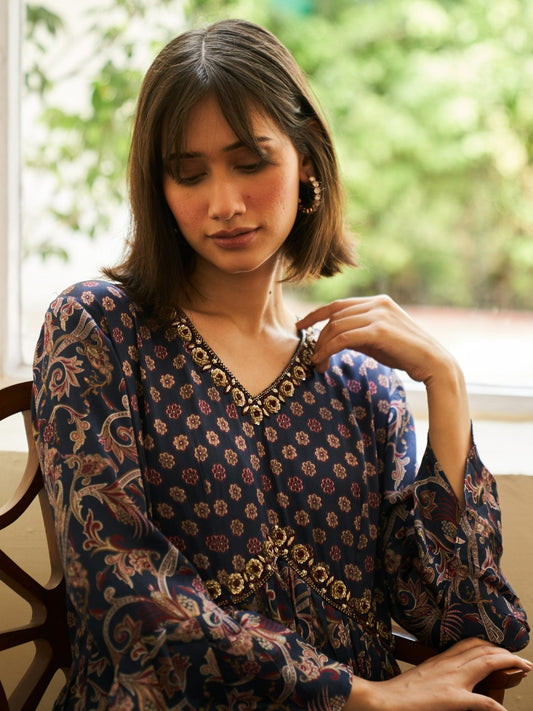 Navy Blue Digital Printed Viscose Satin With Hand Embroidery Kurta Set