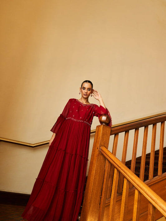 Red Pure Georgette Gown With Intricate Handwork Embroidery