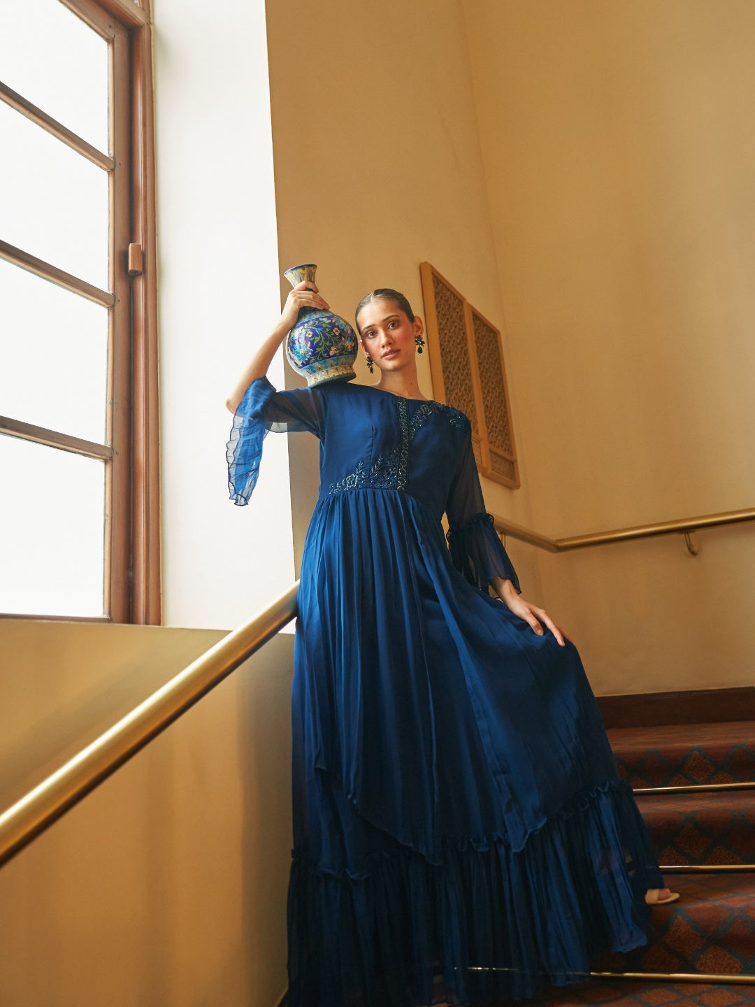 Royal Blue Pure Georgette Gown With Intricate Handwork Embriodery