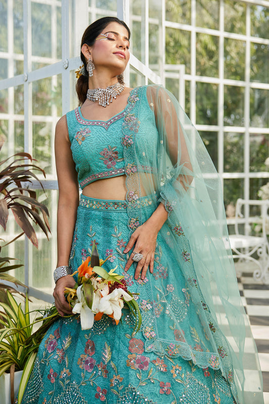 Lime Green net with Coding & Zarkan embroidery Lehenga choli & Dupatta