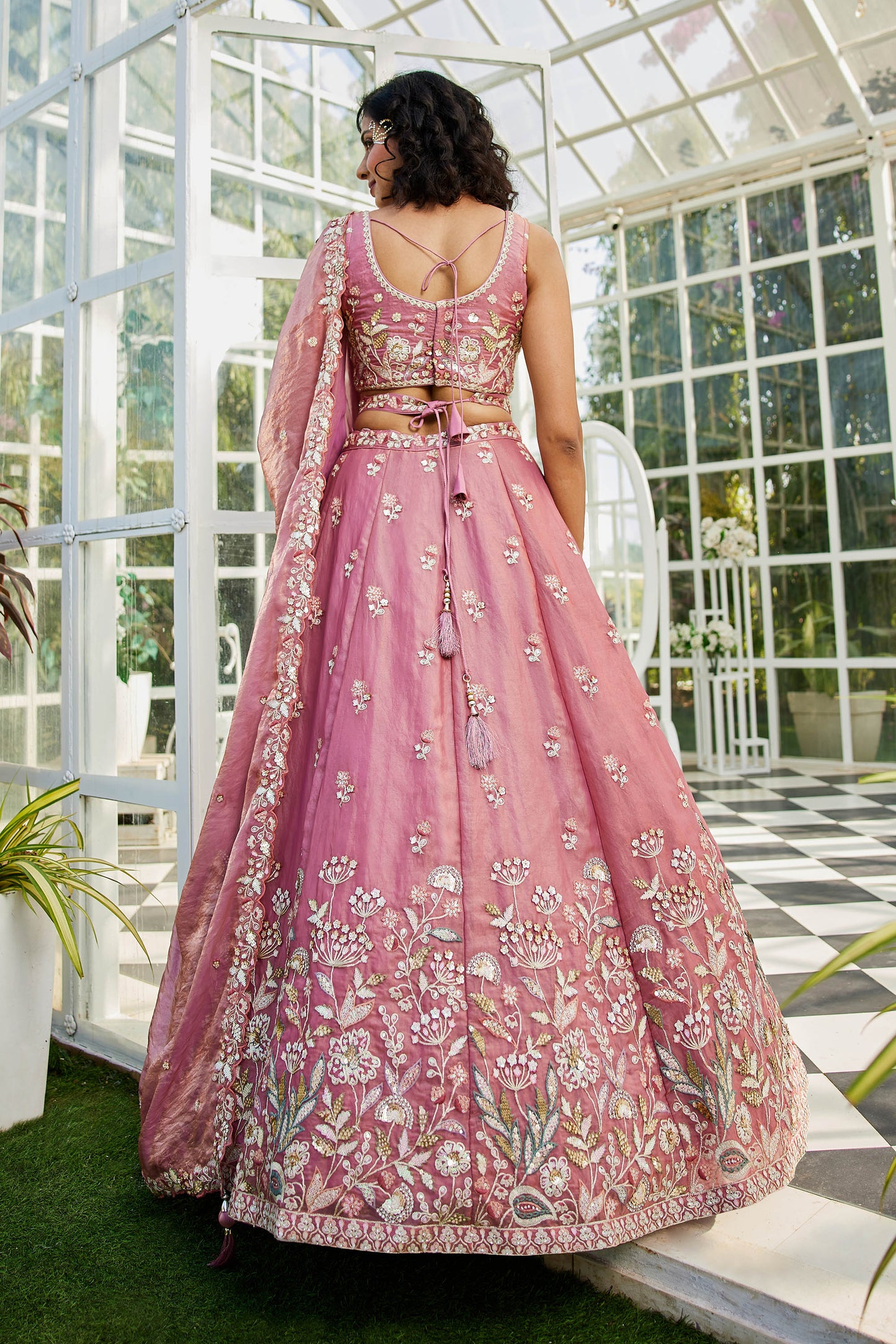 Pink colour Tissue Fabric with Sequinse & Thread embroidery Lehenga choli & Dupatta