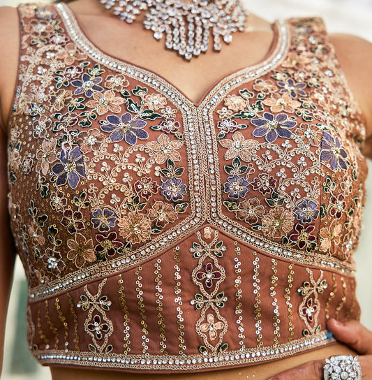 Brown net with Beads & Zarkan embroidery Lehenga choli & Dupatta