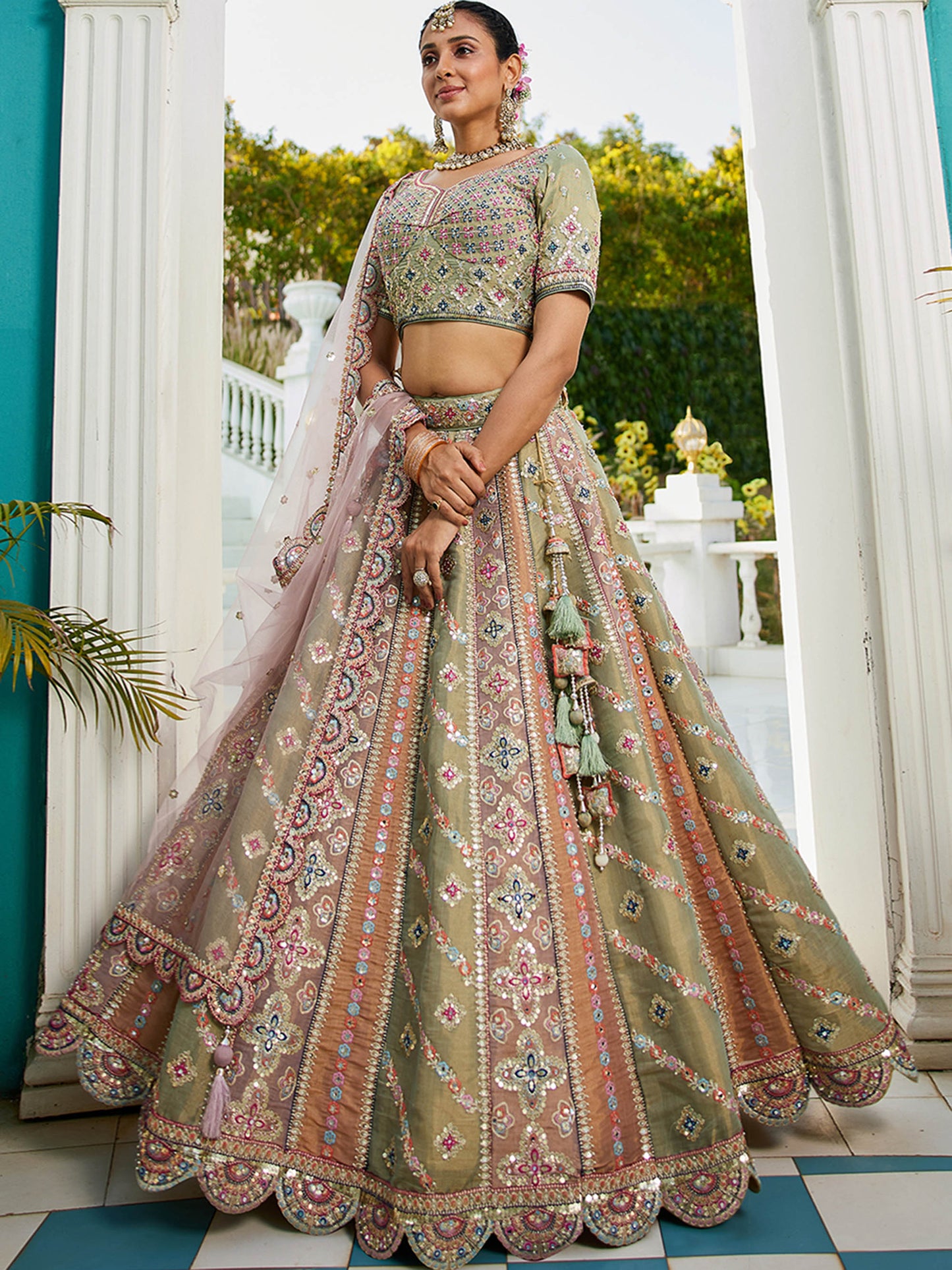 Multi colour Bridel net and Gotapatti & Moti embroidery Lehenga choli & Dupatta