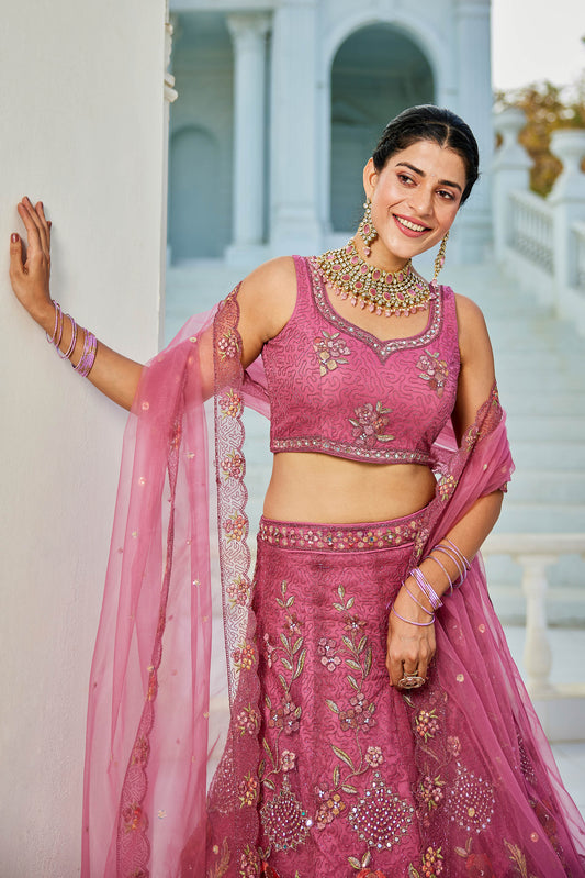 Pink net with Coding & Zarkan embroidery Lehenga choli & Dupatta