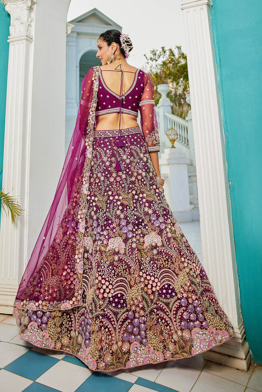 Burgundy net with Coding & Zarkan embroidery Lehenga choli & Dupatta