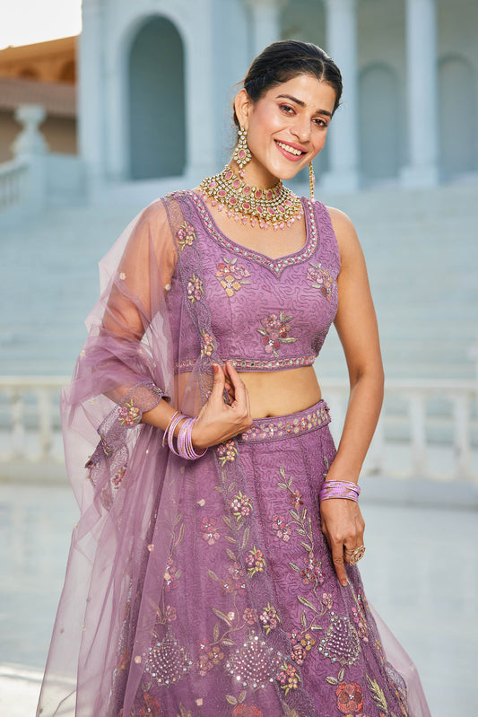 Purple net with Coding & Zarkan embroidery Lehenga choli & Dupatta