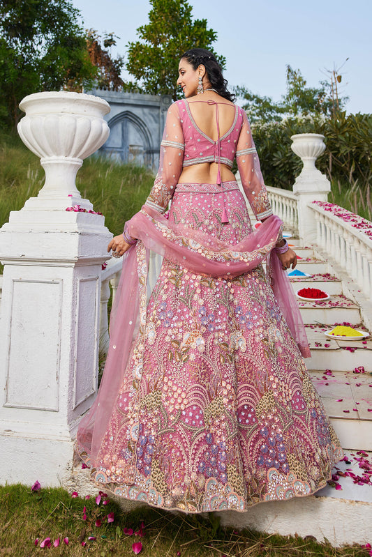 Pink net with Coding & Zarkan embroidery Lehenga choli & Dupatta