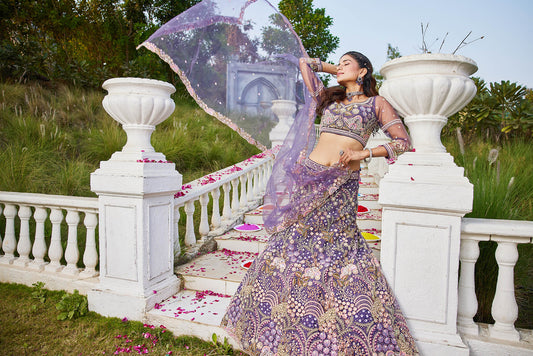 Purple net with Coding & Zarkan embroidery Lehenga choli & Dupatta