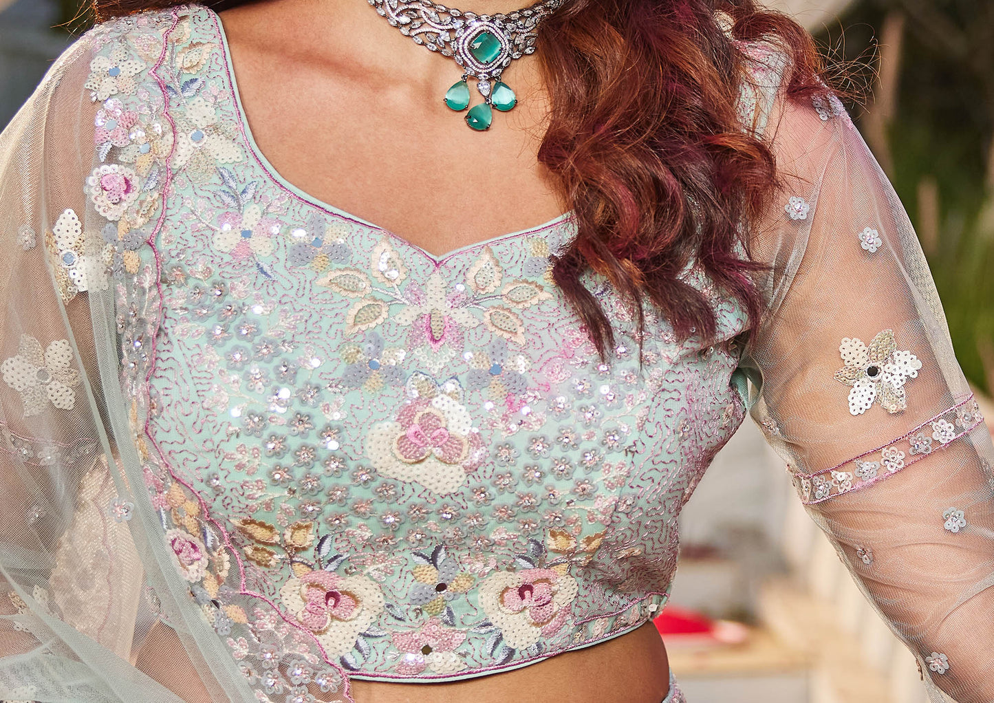 Sea Green net with Sequinse & Zarkan embroidery Lehenga choli & Dupatta