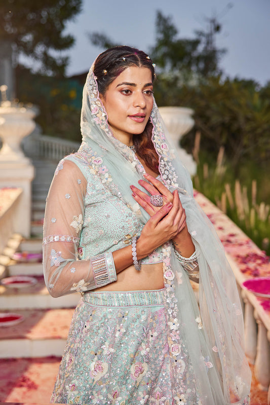 Sea Green net with Sequinse & Zarkan embroidery Lehenga choli & Dupatta