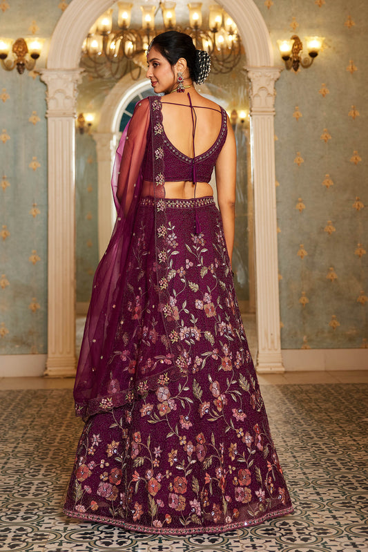 Burgundy net with Coding & Zarkan embroidery Lehenga choli & Dupatta