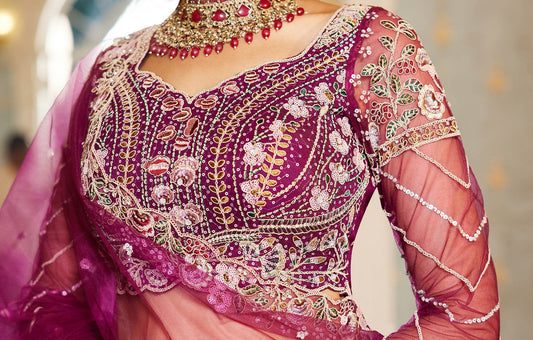Burgundy net and Coding & Zarkan embroidery Lehenga choli & Dupatta