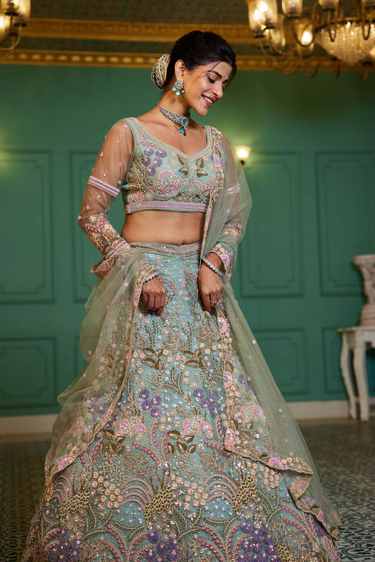 Lime Green net with Coding & Zarkan embroidery Lehenga choli & Dupatta