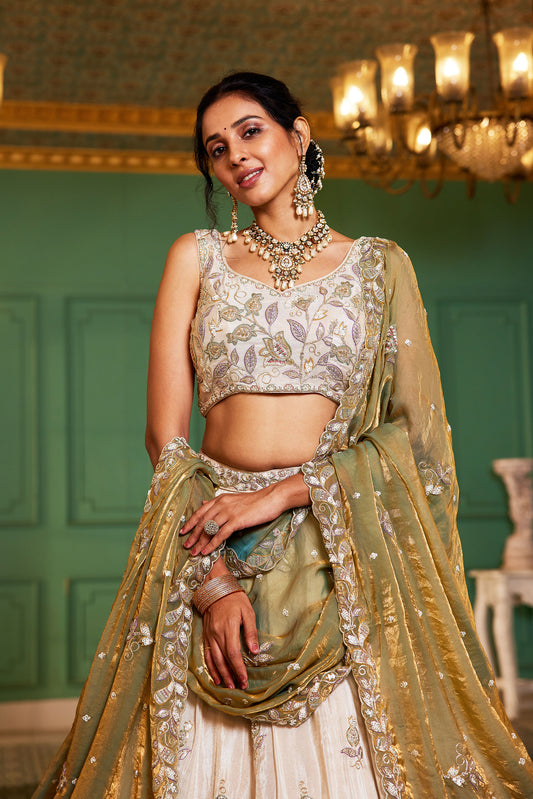 Green colour tissue Fabric with Sequins & Thread embroidery Lehenga choli & Dupatta