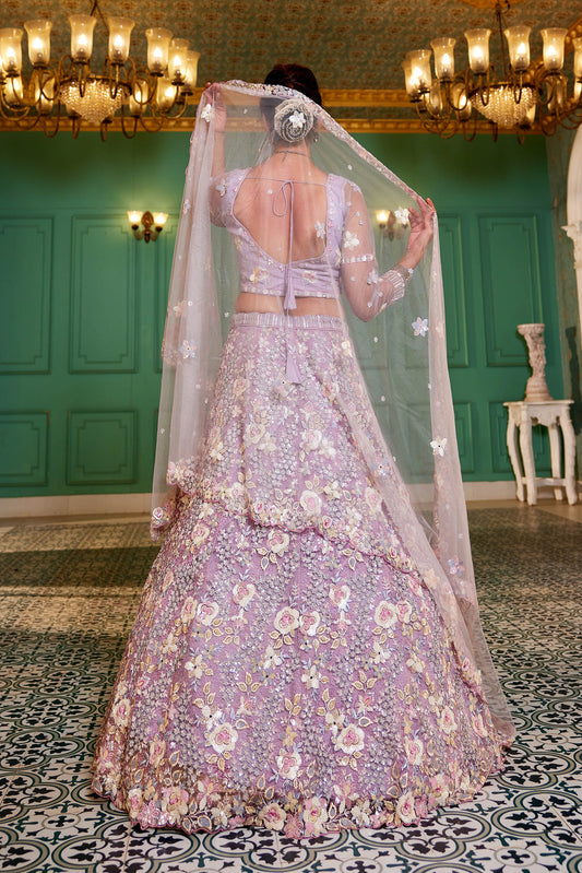 Mauve net with Sequinse & Zarkan embroidery Lehenga choli & Dupatta