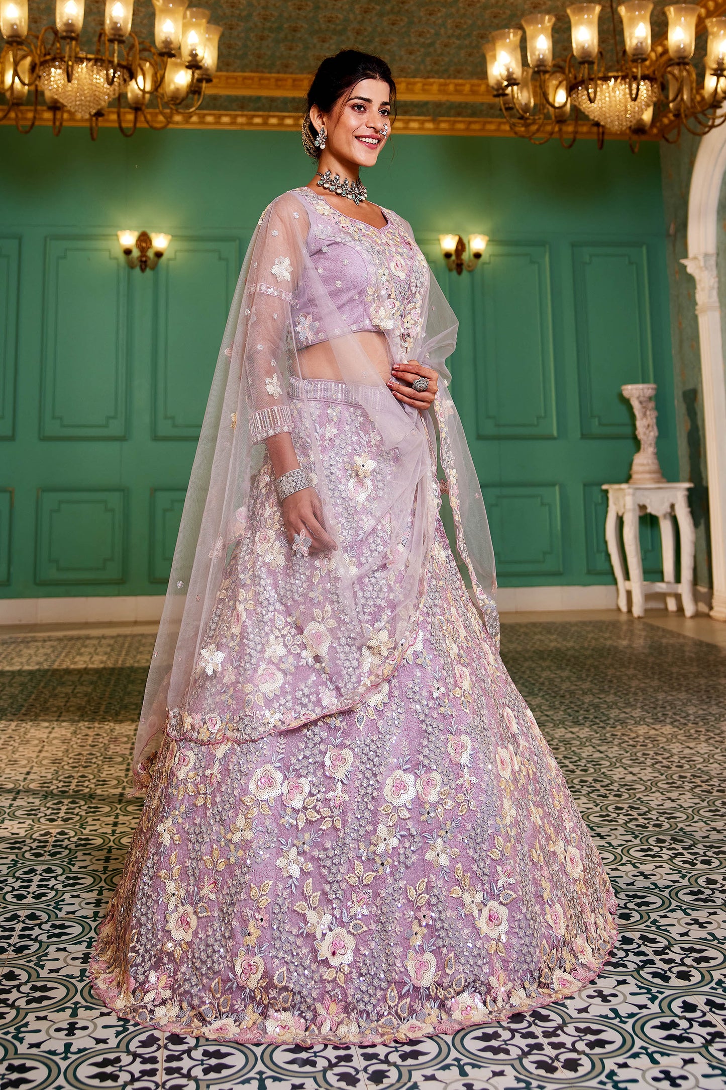 Mauve net with Sequinse & Zarkan embroidery Lehenga choli & Dupatta