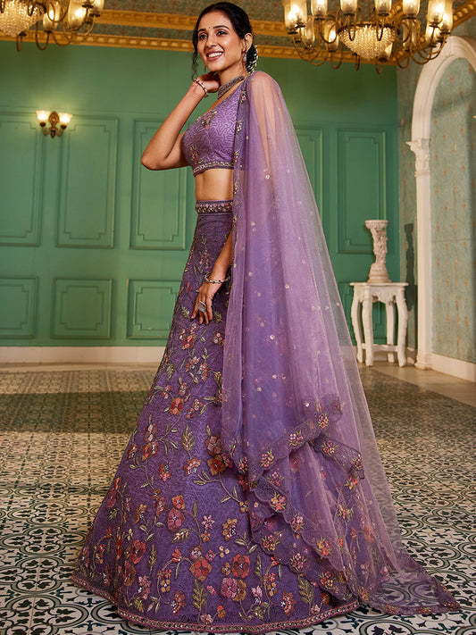 Purple net with Coding & Zarkan embroidery Lehenga choli & Dupatta
