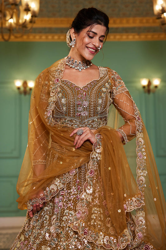 Mustard net and Coding & Zarkan embroidery Lehenga choli & Dupatta