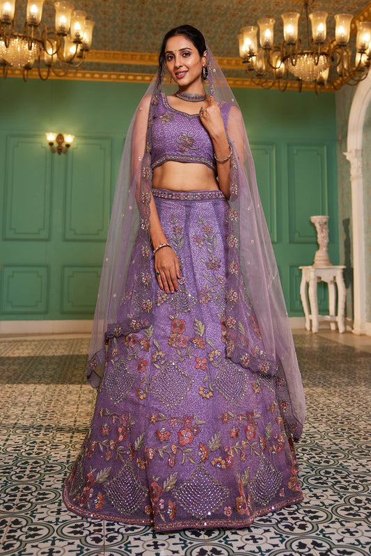 Lavender net with Coding & Zarkan embroidery Lehenga choli & Dupatta