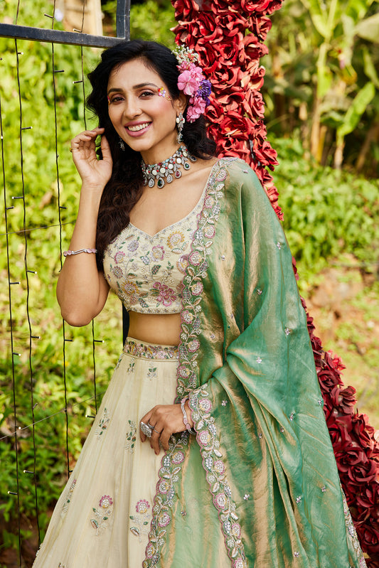 Green colour tissue Fabric with Sequins & Thread embroidery Lehenga choli & Dupatta