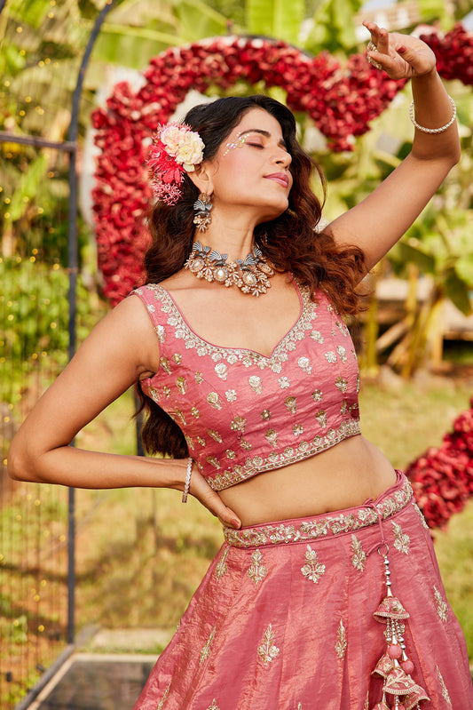 Pink colour Orange with Sequinse & Moti embroidery Lehenga choli & Dupatta