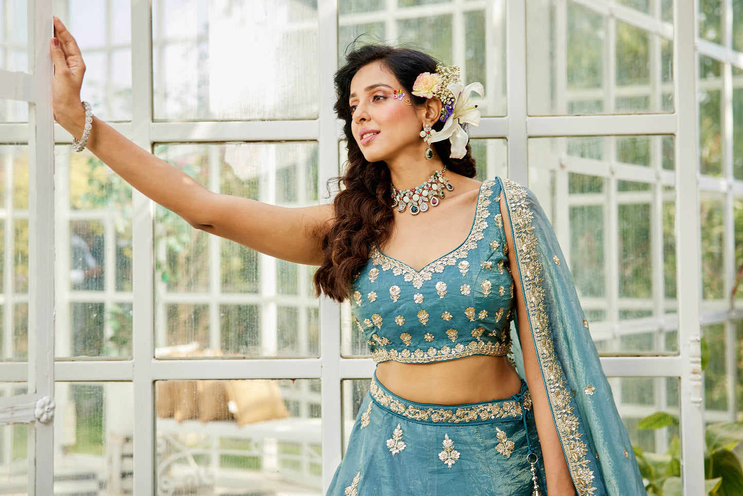 Green colour Orange with Sequinse & Moti embroidery Lehenga choli & Dupatta