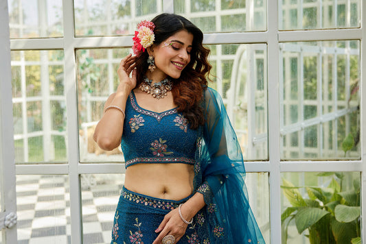 Navy blue net with Coding & Zarkan embroidery Lehenga choli & Dupatta