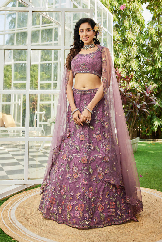 Lavender net with Coding & Zarkan embroidery Lehenga choli & Dupatta
