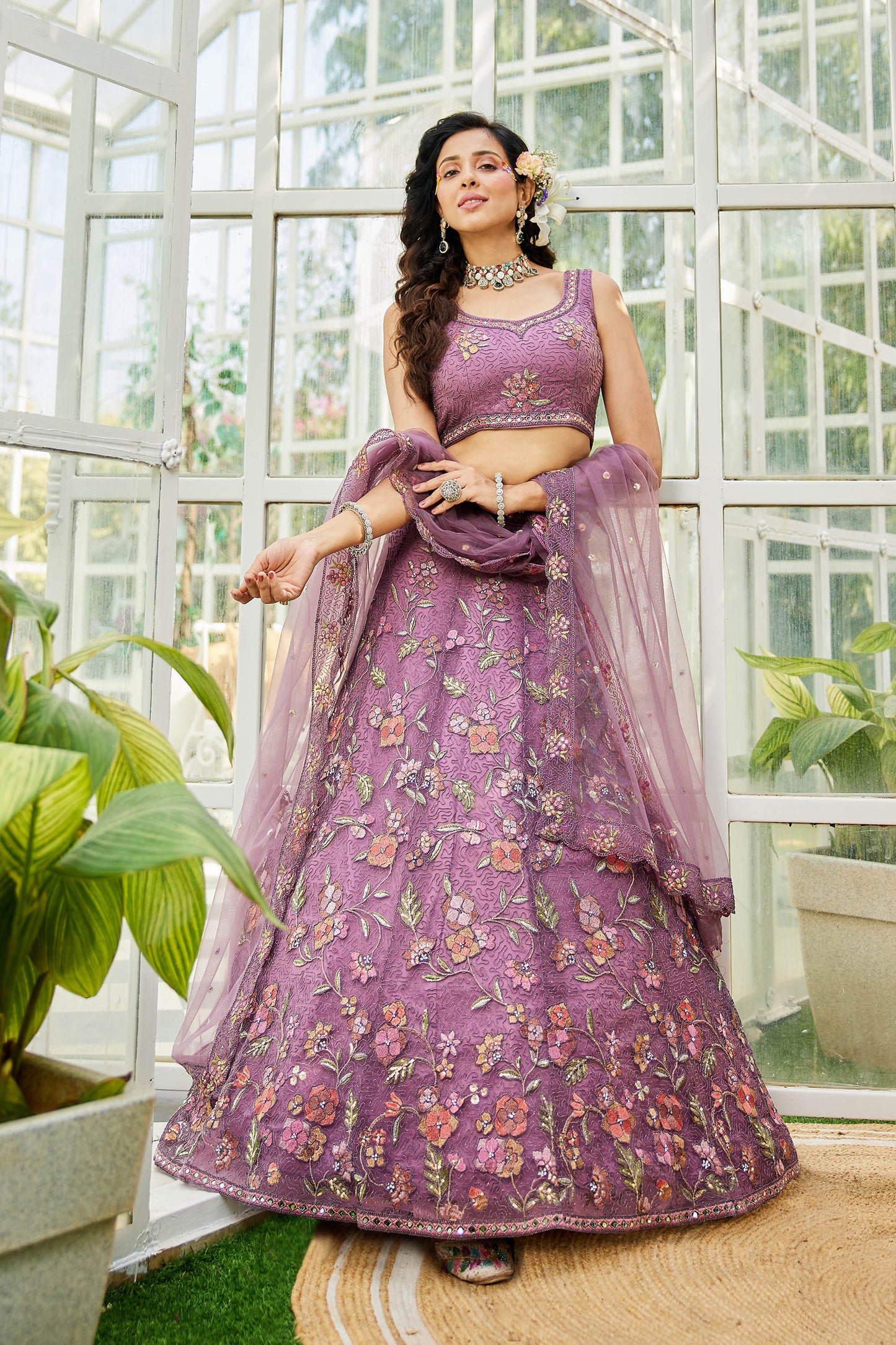Lavender net with Coding & Zarkan embroidery Lehenga choli & Dupatta