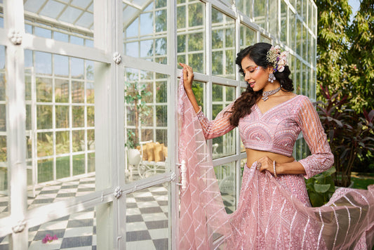 Pink net with Beads & Zarkan embroidery Lehenga choli & Dupatta