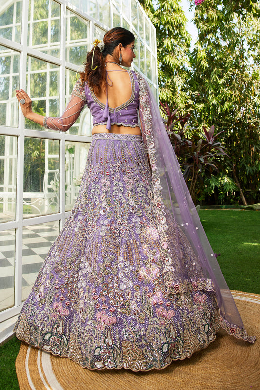 Mauve net and Coding & Zarkan embroidery Lehenga choli & Dupatta