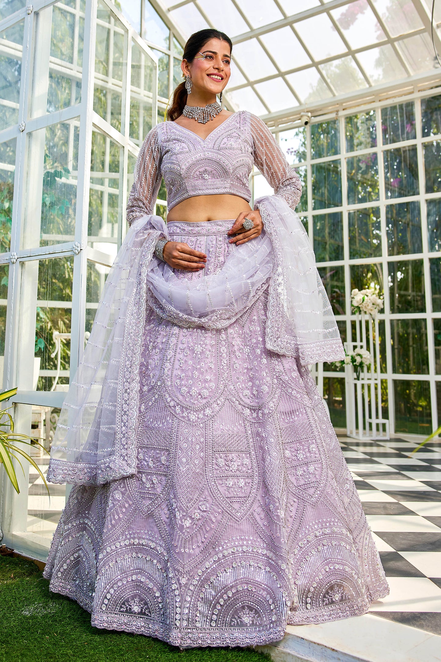 Lavender net with Beads & Zarkan embroidery Lehenga choli & Dupatta