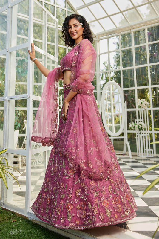 Pink net with Coding & Zarkan embroidery Lehenga choli & Dupatta