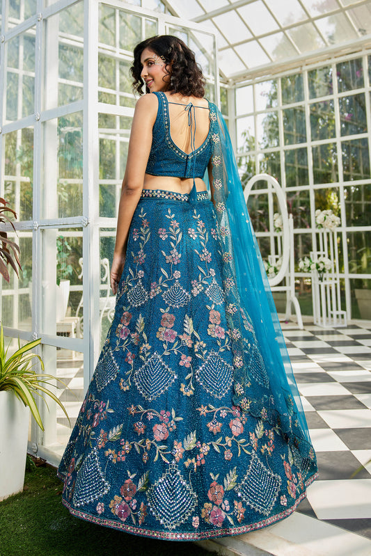 Navy Blue net with Coding & Zarkan embroidery Lehenga choli & Dupatta