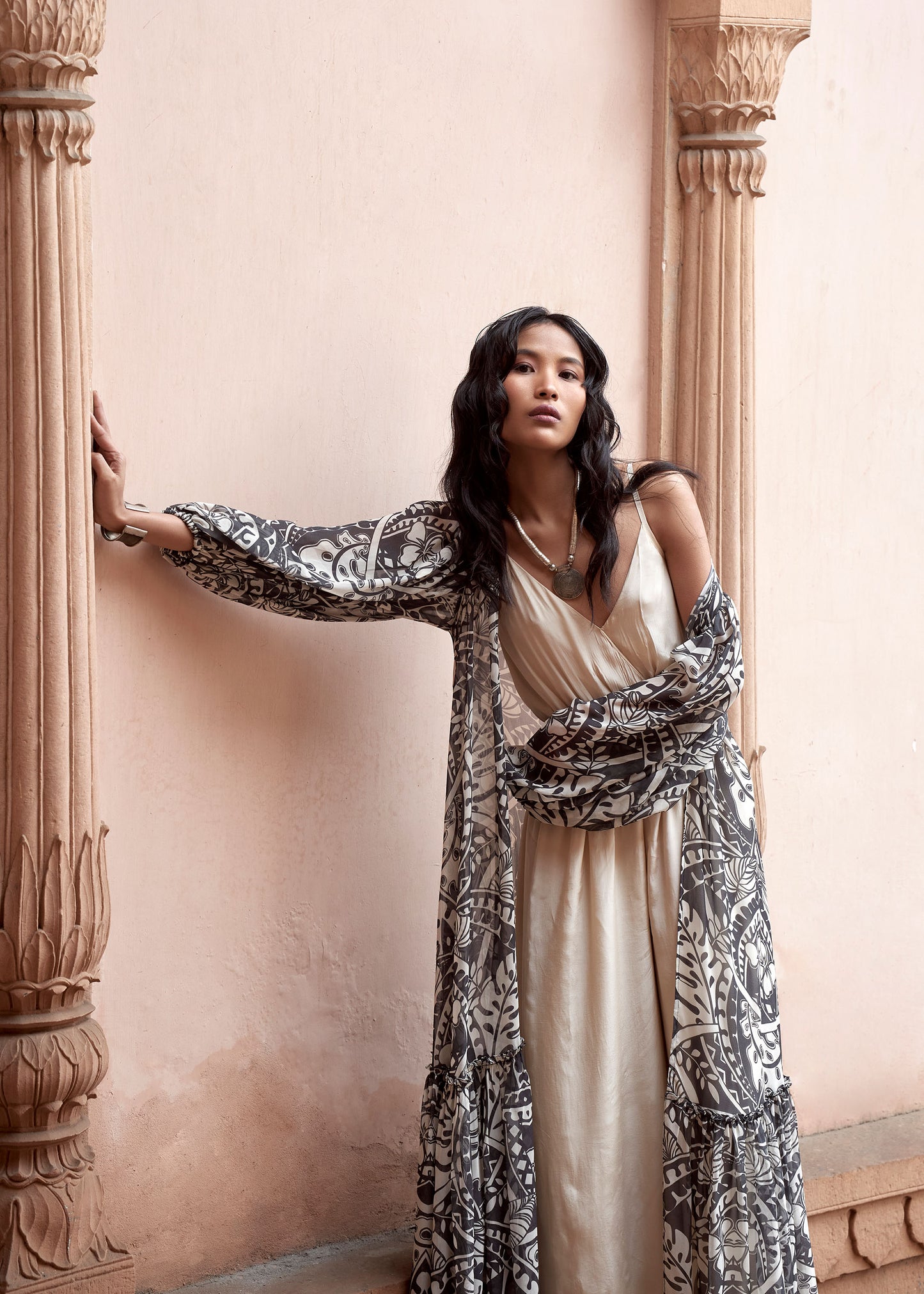 Qala Geometric Motif Jumpsuit with Flowy Printed Jacket