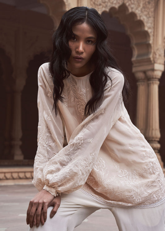 Arzoo Ivory floral embroidery Top & Pearl White Organza Palazzo Set