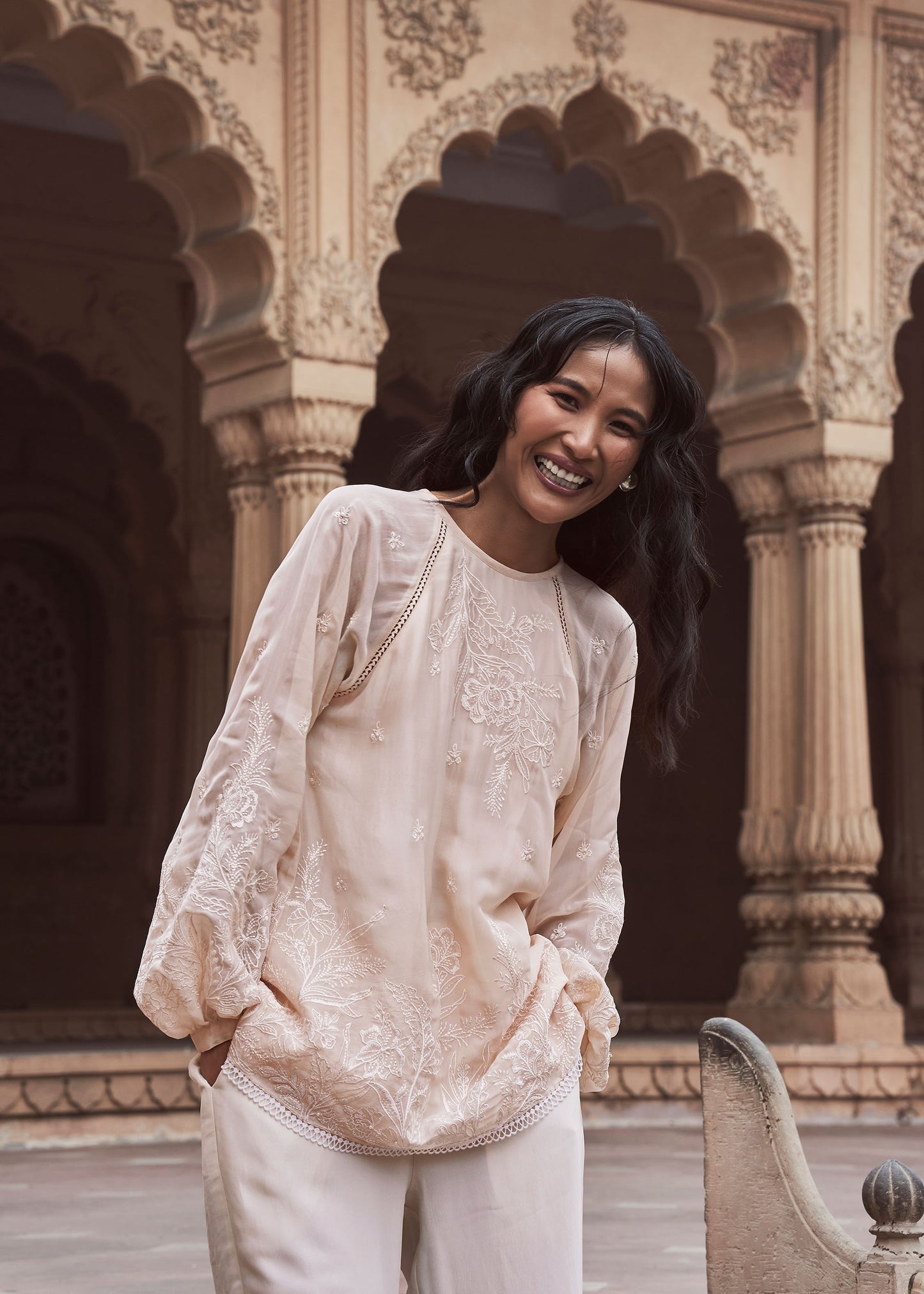 Arzoo Ivory floral embroidery Top & Pearl White Organza Palazzo Set