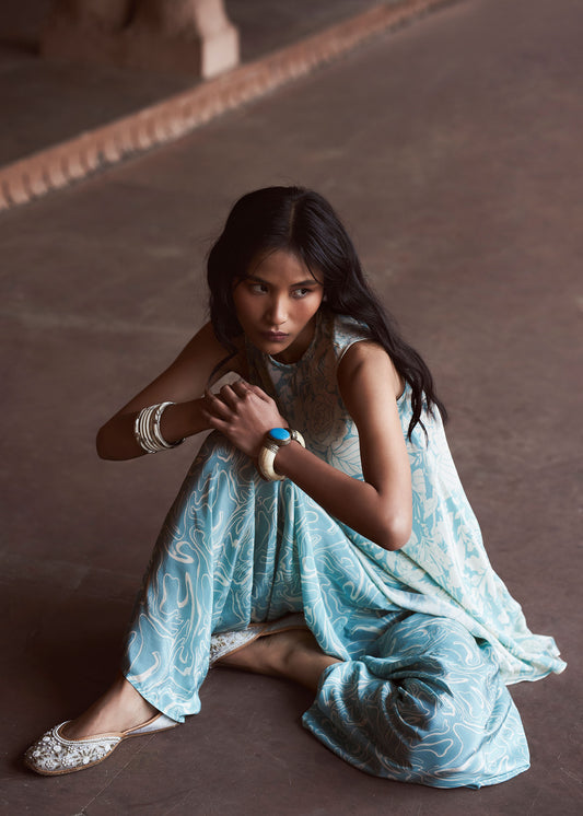 Indus Ice-Blue Floral Kurta Tunic & Textured Crepe Dhoti