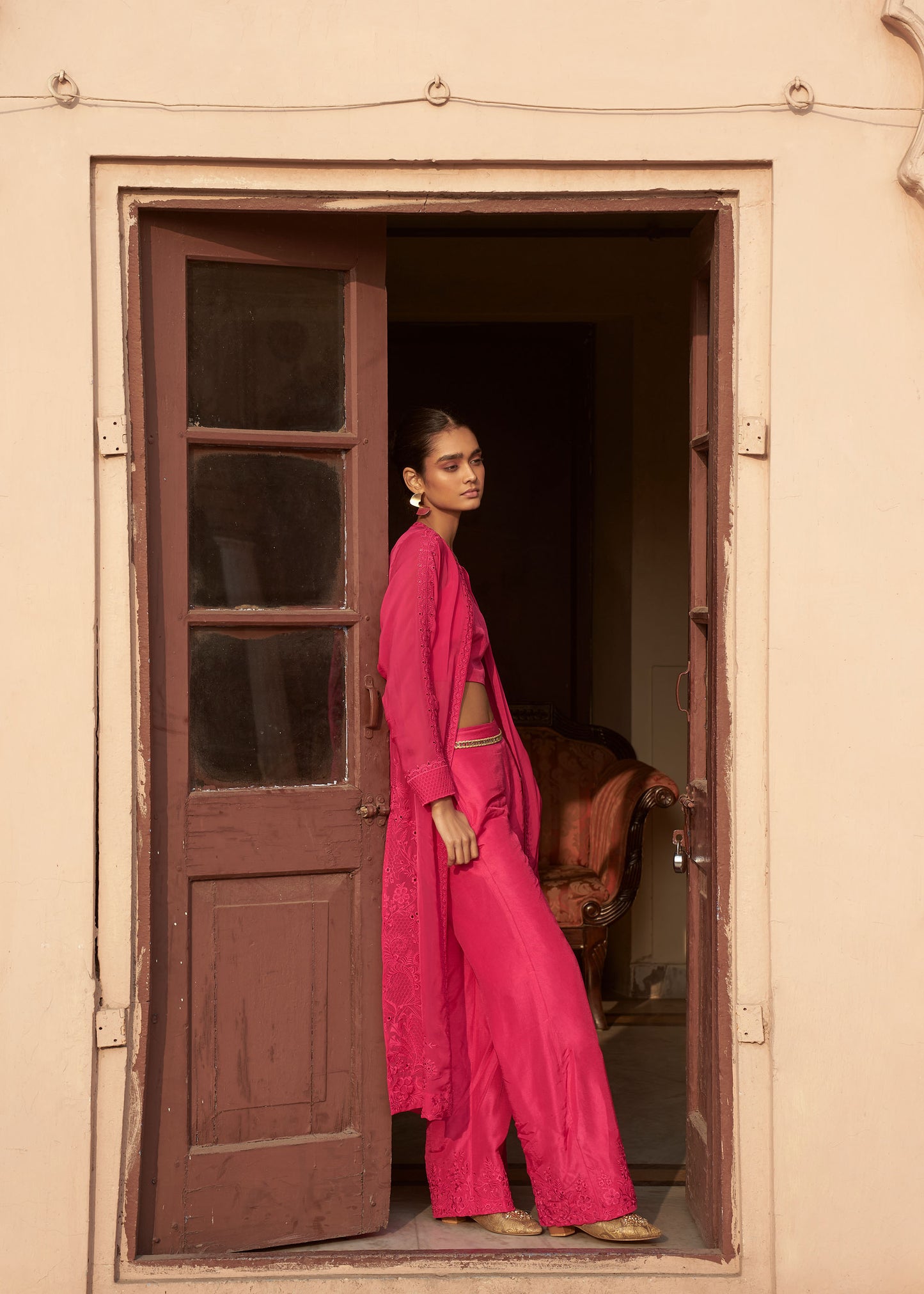 Lolo Raspberry Pink Silk Embroidered Organza Jacket Set