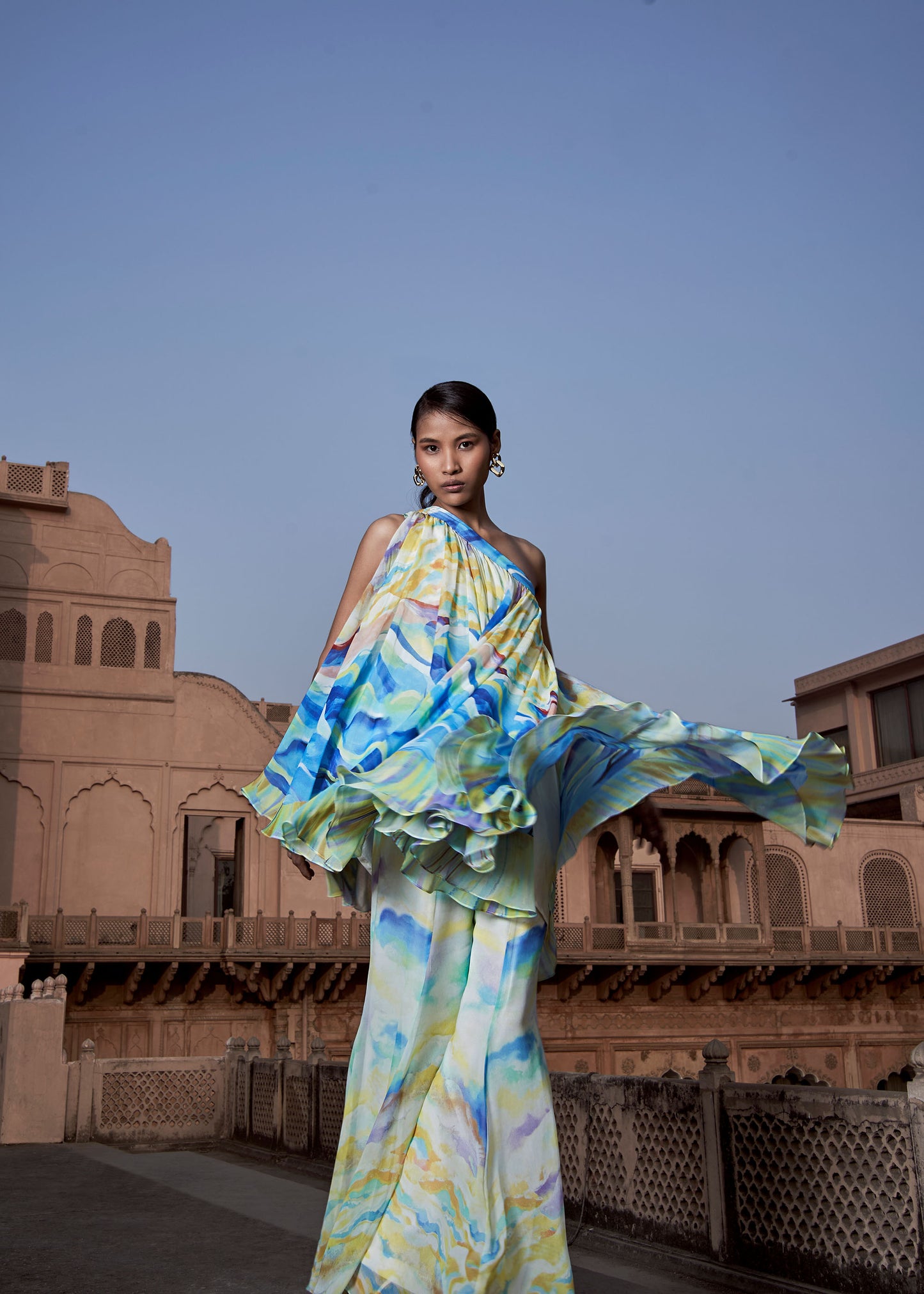 Osheen Multi color One-Shoulder Tunic with Flared Sharara