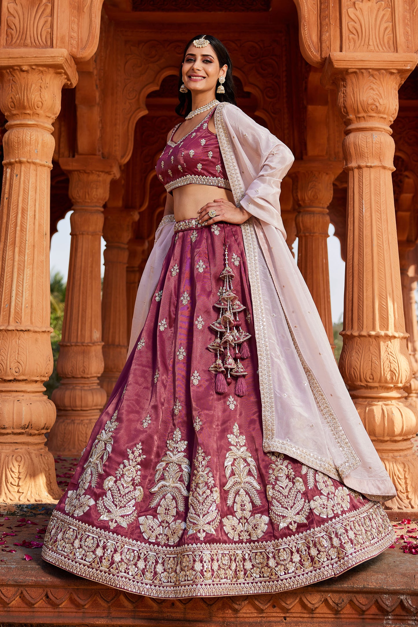 Burgundy Tissue Sequins embroidery Lehenga choli & Dupatta