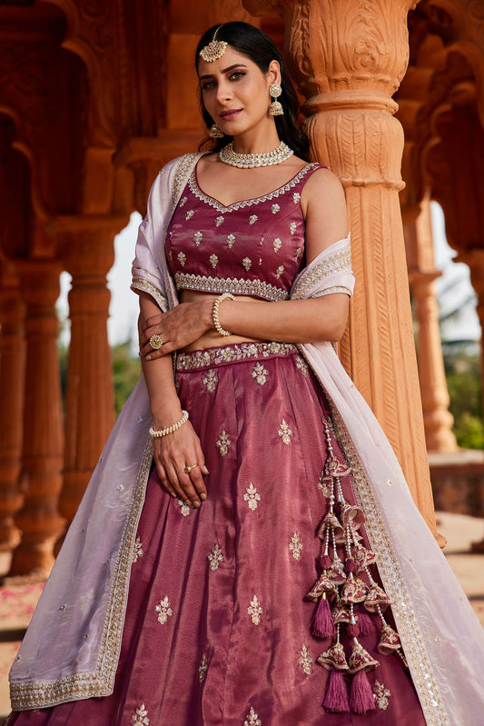 Burgundy Tissue Sequins embroidery Lehenga choli & Dupatta