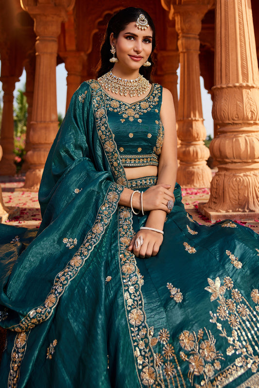 Teal Tissue Handwork cutdana embroidery Lehenga choli & Dupatta
