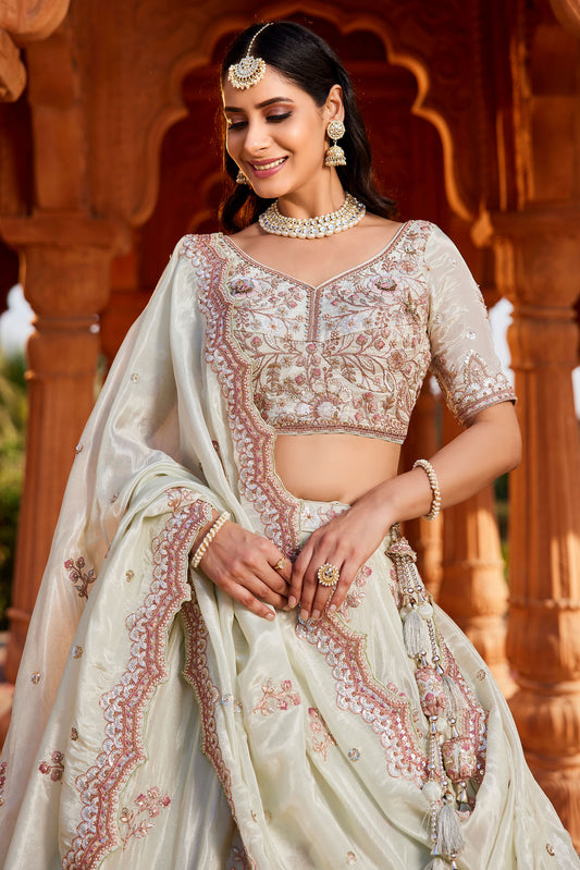 Lime green Tissue Sequins embroidery Lehenga choli & Dupatta