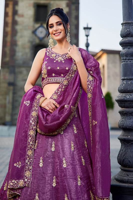 Burgundy Tissue Handwork cutdana embroidery Lehenga choli & Dupatta