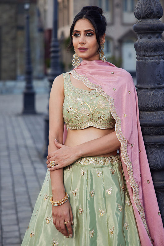 Lime green Satin Silk Sequins embroidery Lehenga choli & Dupatta