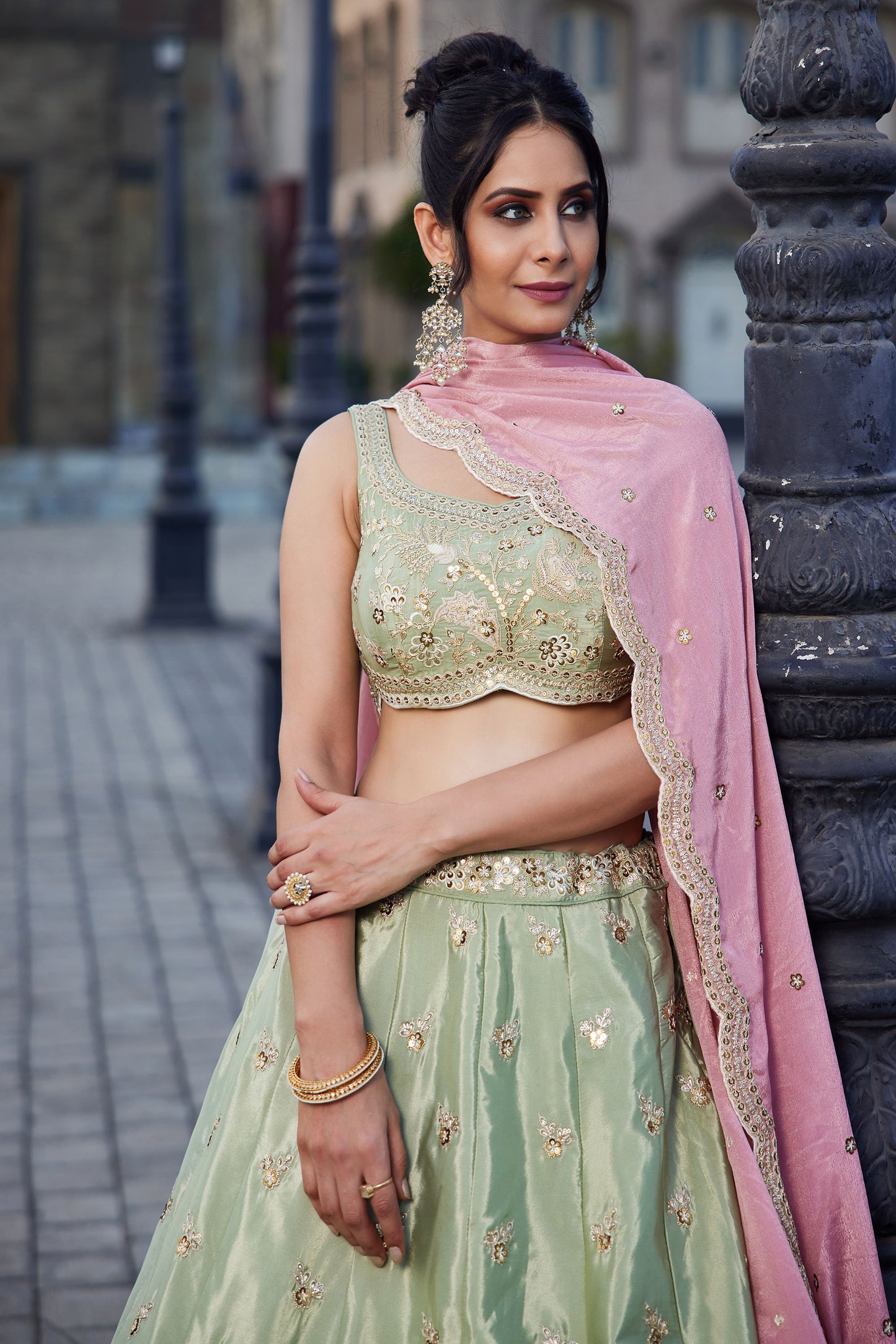 Lime green Satin Silk Sequins embroidery Lehenga choli & Dupatta