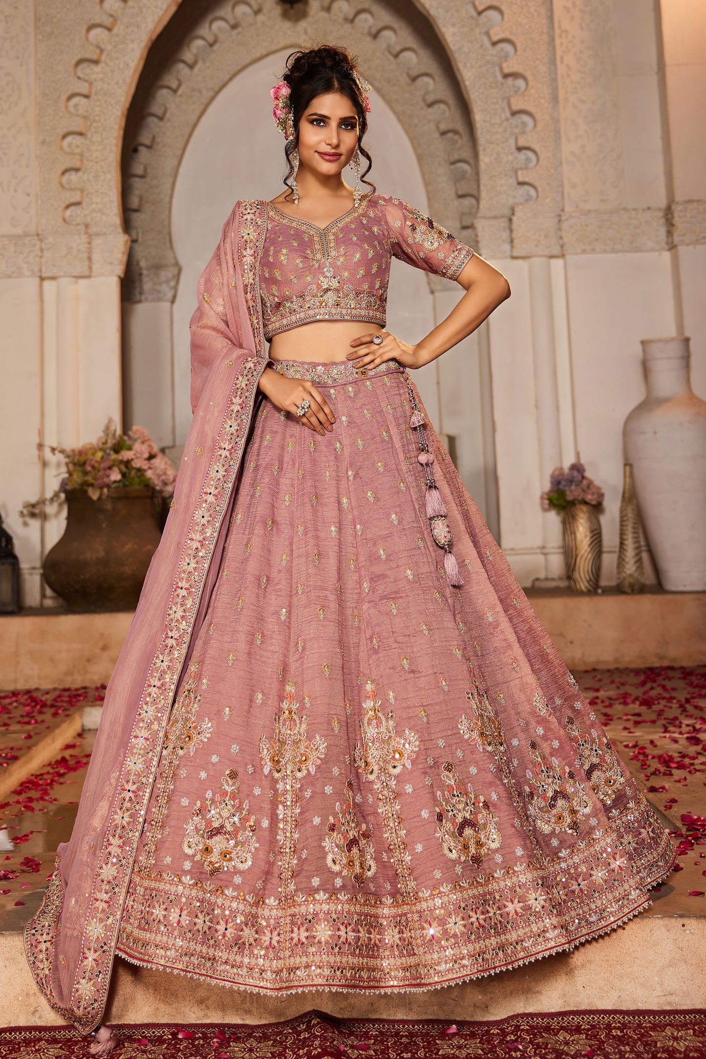 Pink colour Tissue Sequins embroidery Lehenga choli & Dupatta