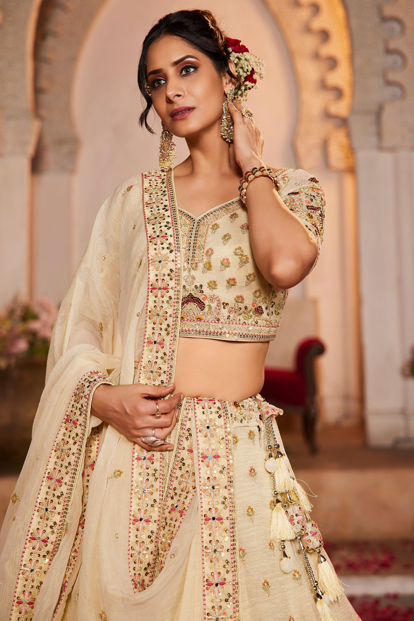 Cream colour Tissue Sequins embroidery Lehenga choli & Dupatta