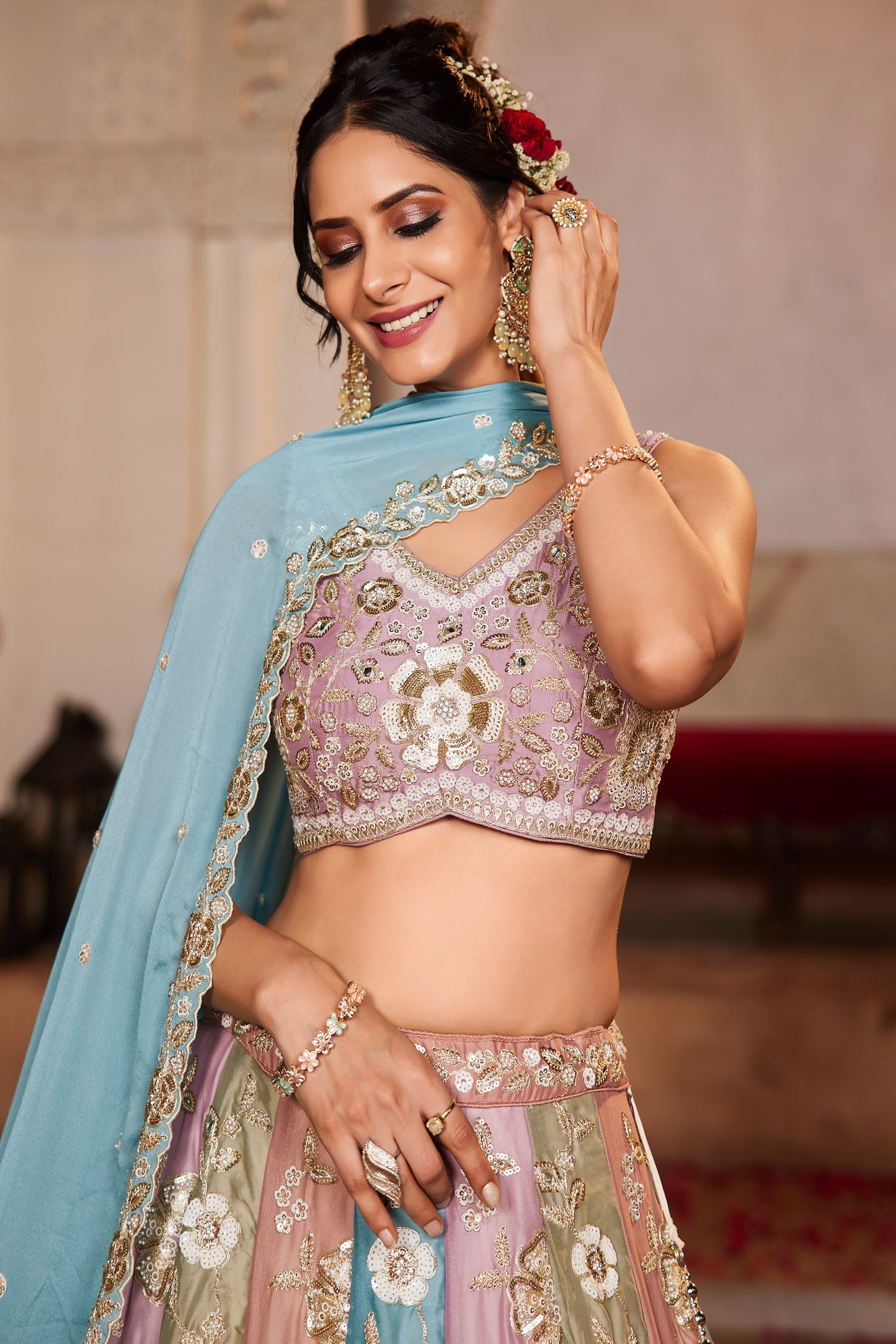 Multi colour Georgette Fabric Sequins embroidery Lehenga choli & Dupatta